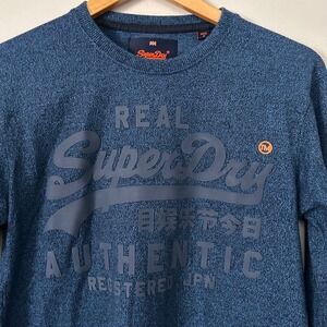 Superdry Shirt Mens Small Blue Marl Long Sleeve Graphic Logo Casual Streetwear